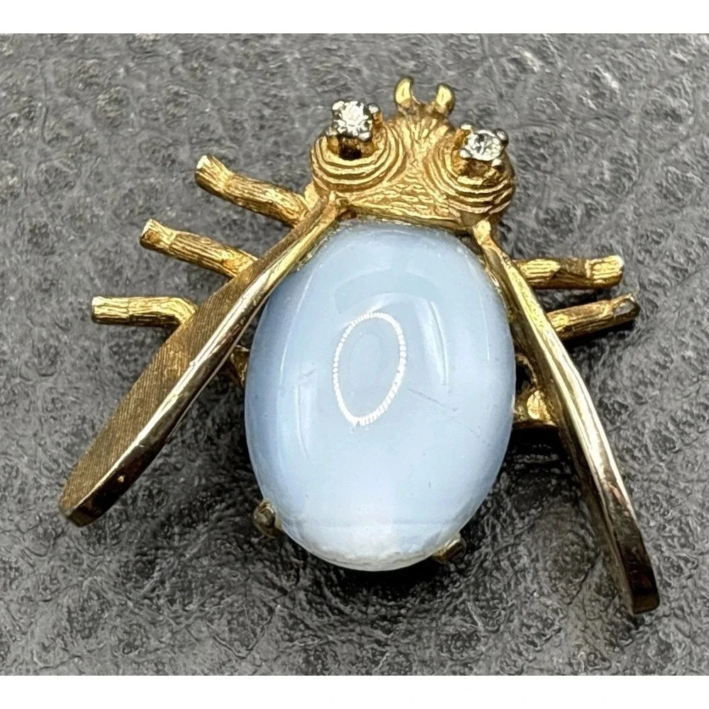 Vintage Jelly Belly Bee Insect Brooch Faux Moonstone Cabochon Crystal Rhinestone